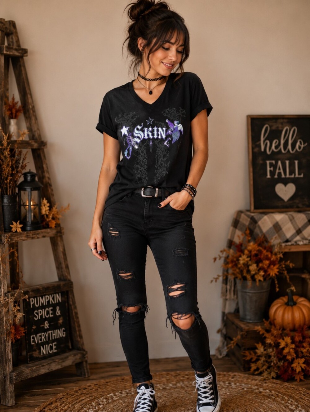 Skin Black V‑Neck Graphic Tee with Purple Logo